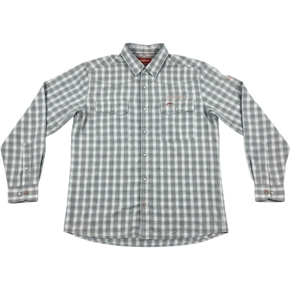 Simms Cabin Bluff Fishing Shirt Men's L Gray Plaid Pearl Snap Vented Long Sleeve